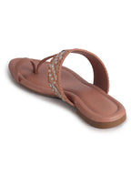 Women Pink Embellished Strap Toe Ring Ethnic Party Slip-On Flat Sandals|Festive Wedding Leaf Pearl Beads Strap Slippers for Traditional Outfits