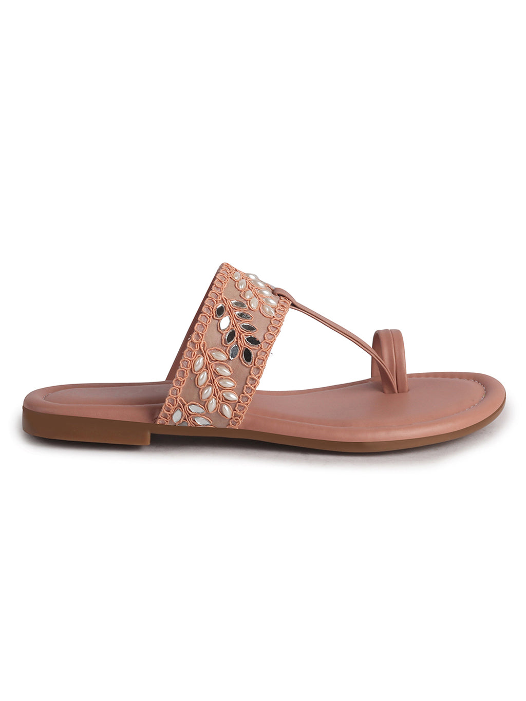 Women Pink Embellished Strap Toe Ring Ethnic Party Slip-On Flat Sandals|Festive Wedding Leaf Pearl Beads Strap Slippers for Traditional Outfits