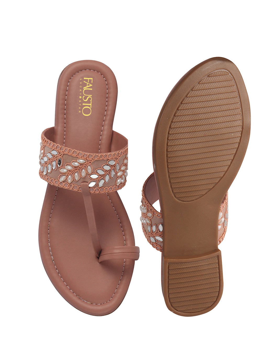 Women Pink Embellished Strap Toe Ring Ethnic Party Slip-On Flat Sandals|Festive Wedding Leaf Pearl Beads Strap Slippers for Traditional Outfits