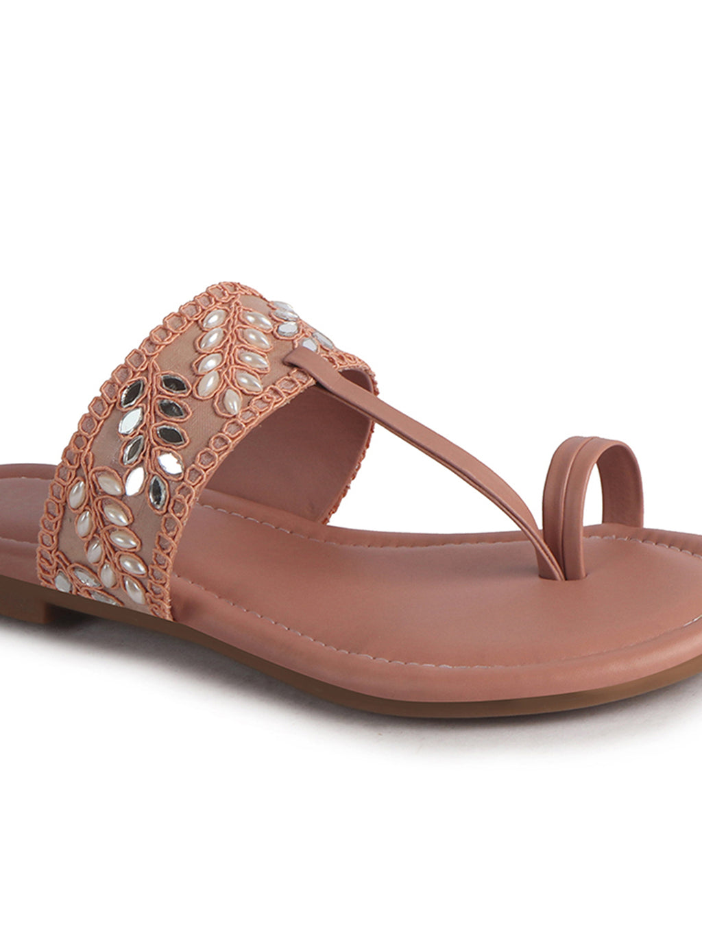 Women Pink Embellished Strap Toe Ring Ethnic Party Slip-On Flat Sandals|Festive Wedding Leaf Pearl Beads Strap Slippers for Traditional Outfits