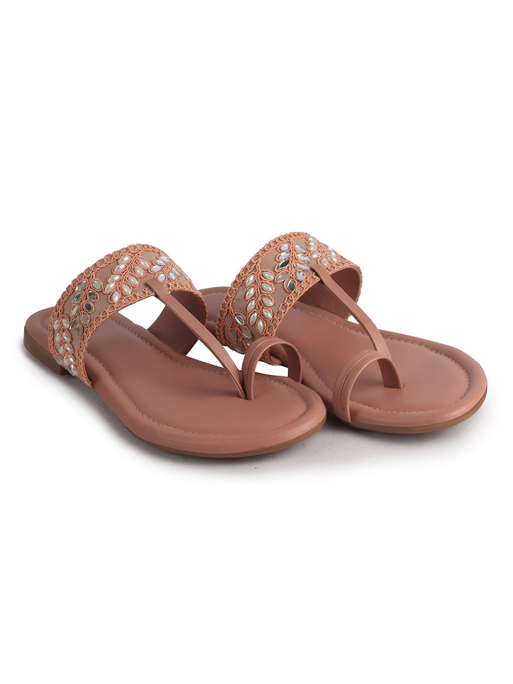 Women Pink Embellished Strap Toe Ring Ethnic Party Slip-On Flat Sandals|Festive Wedding Leaf Pearl Beads Strap Slippers for Traditional Outfits
