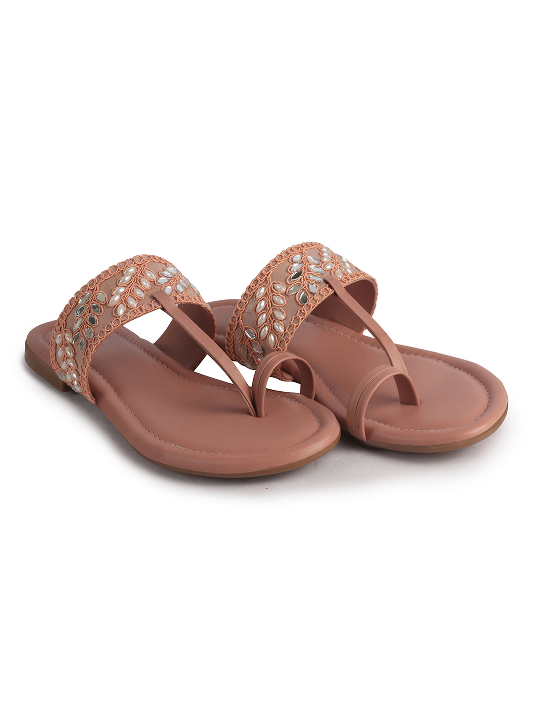 Women Pink Embellished Strap Toe Ring Ethnic Party Slip-On Flat Sandals|Festive Wedding Leaf Pearl Beads Strap Slippers for Traditional Outfits