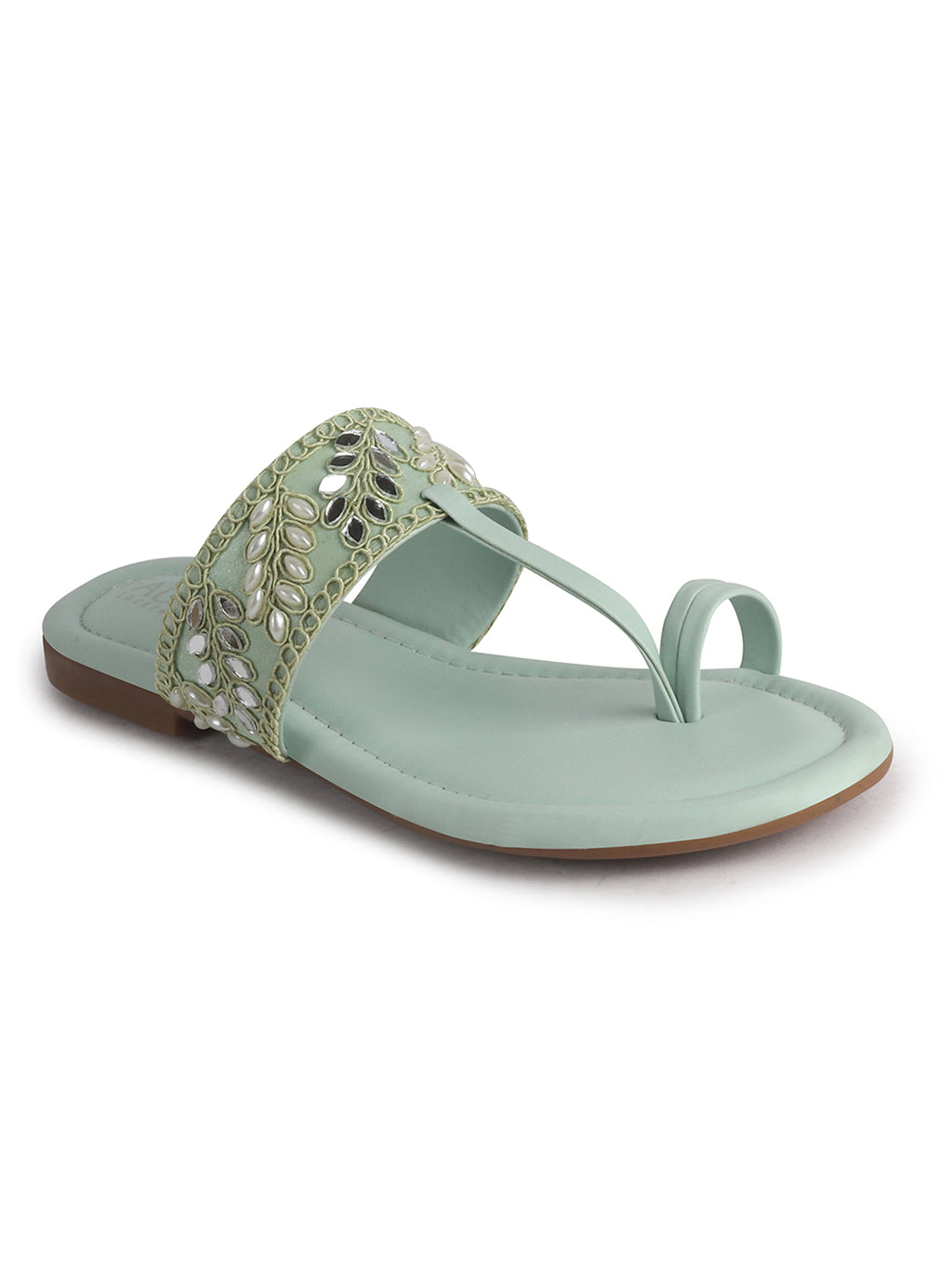Women Pista Embellished Strap Toe Ring Ethnic Party Slip-On Flat Sandals|Festive Wedding Leaf Pearl Beads Strap Slippers for Traditional Outfits