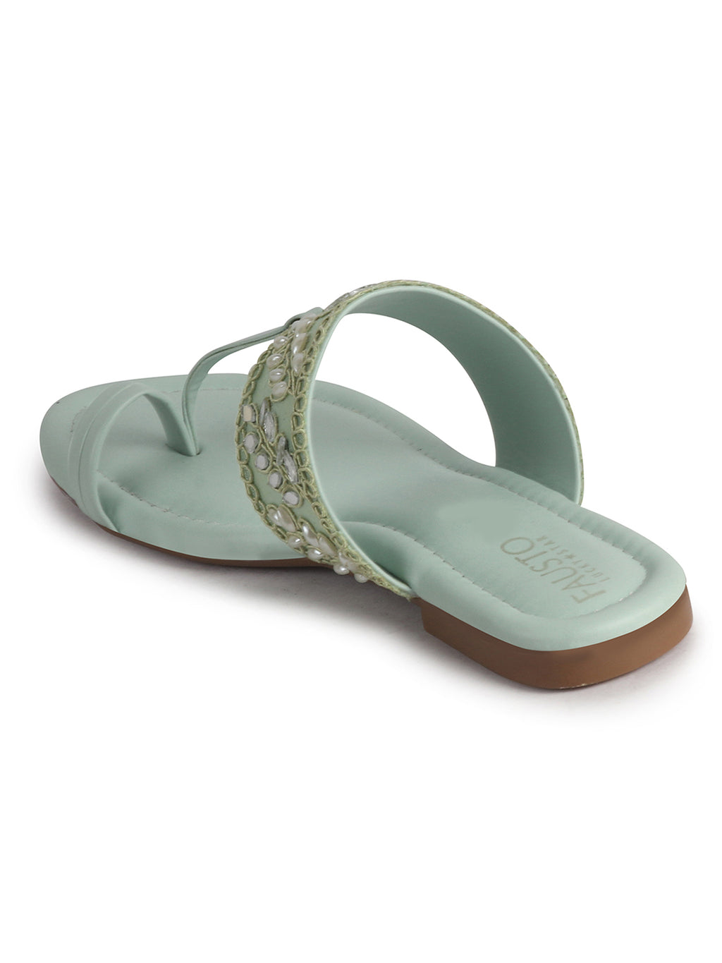 Women Pista Embellished Strap Toe Ring Ethnic Party Slip-On Flat Sandals|Festive Wedding Leaf Pearl Beads Strap Slippers for Traditional Outfits