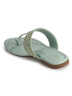 Women Pista Embellished Strap Toe Ring Ethnic Party Slip-On Flat Sandals|Festive Wedding Leaf Pearl Beads Strap Slippers for Traditional Outfits