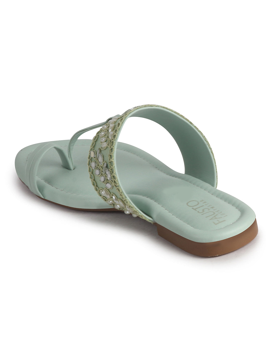 Women Pista Embellished Strap Toe Ring Ethnic Party Slip-On Flat Sandals|Festive Wedding Leaf Pearl Beads Strap Slippers for Traditional Outfits