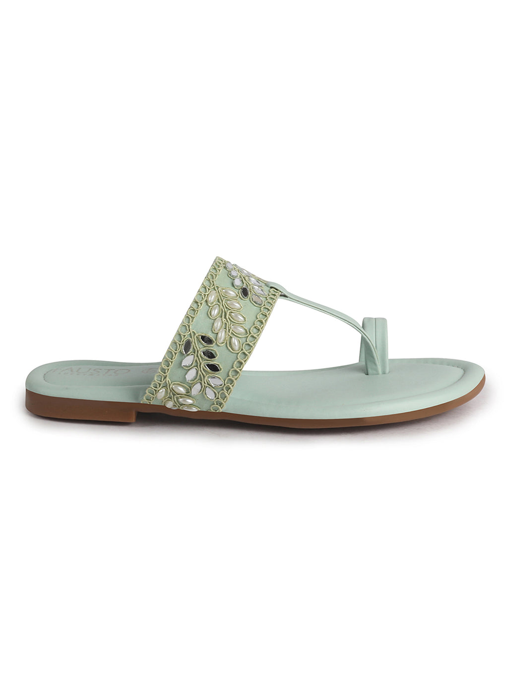 Women Pista Embellished Strap Toe Ring Ethnic Party Slip-On Flat Sandals|Festive Wedding Leaf Pearl Beads Strap Slippers for Traditional Outfits