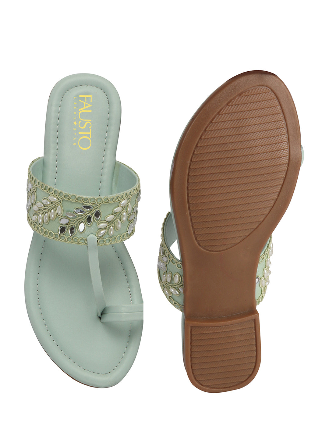 Women Pista Embellished Strap Toe Ring Ethnic Party Slip-On Flat Sandals|Festive Wedding Leaf Pearl Beads Strap Slippers for Traditional Outfits