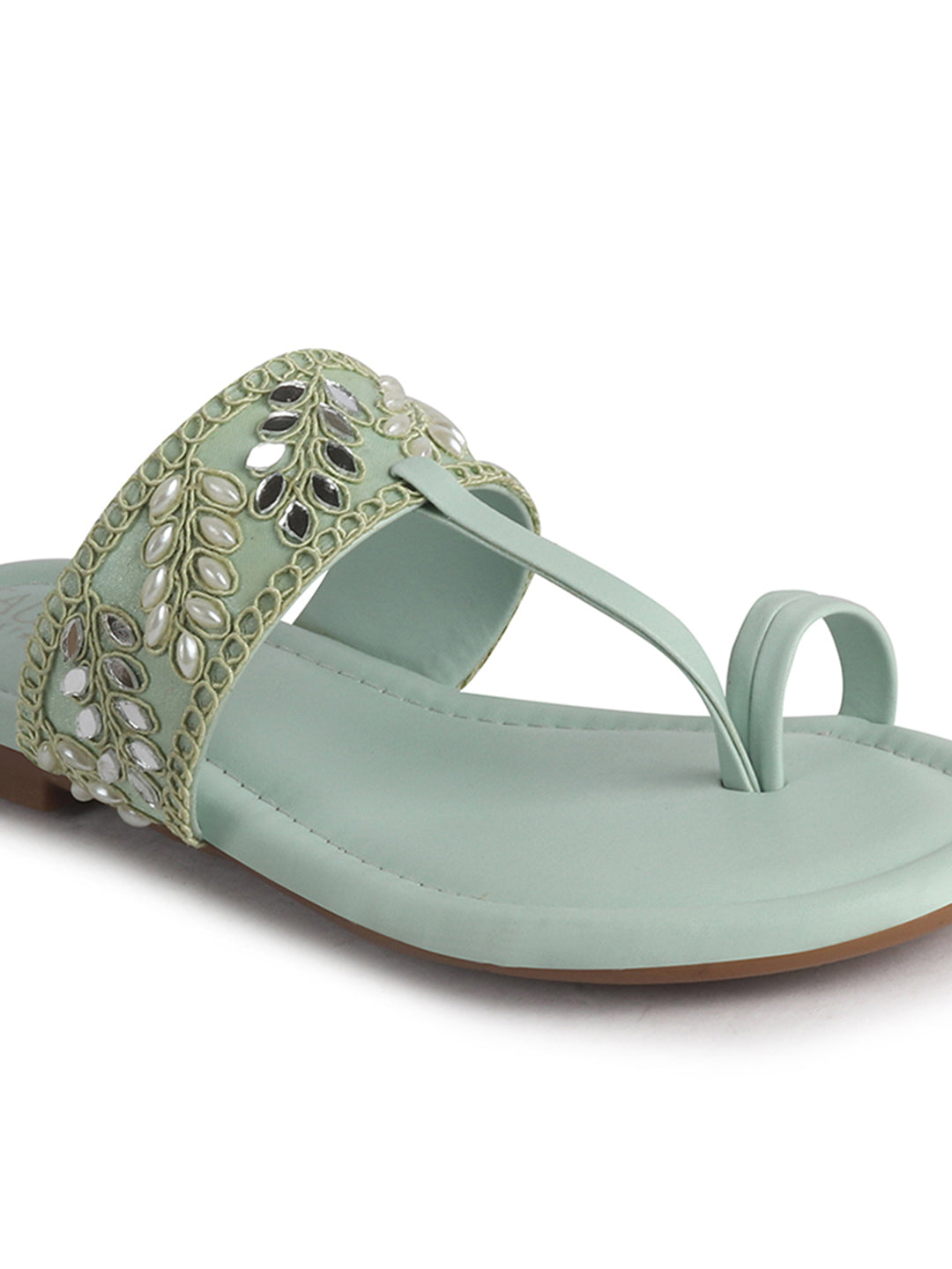 Women Pista Embellished Strap Toe Ring Ethnic Party Slip-On Flat Sandals|Festive Wedding Leaf Pearl Beads Strap Slippers for Traditional Outfits