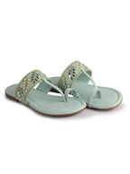 Women Pista Embellished Strap Toe Ring Ethnic Party Slip-On Flat Sandals|Festive Wedding Leaf Pearl Beads Strap Slippers for Traditional Outfits