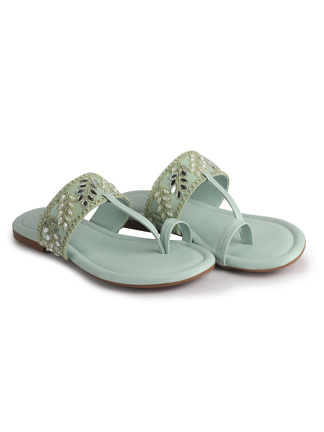 Women Pista Embellished Strap Toe Ring Ethnic Party Slip-On Flat Sandals|Festive Wedding Leaf Pearl Beads Strap Slippers for Traditional Outfits