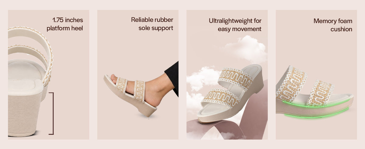 Women White Open Toe Dual Strap Embroidery Ethnic Slip On Sandals|Comfort Heel Wedges Slippers for Party, Wedding Outfit