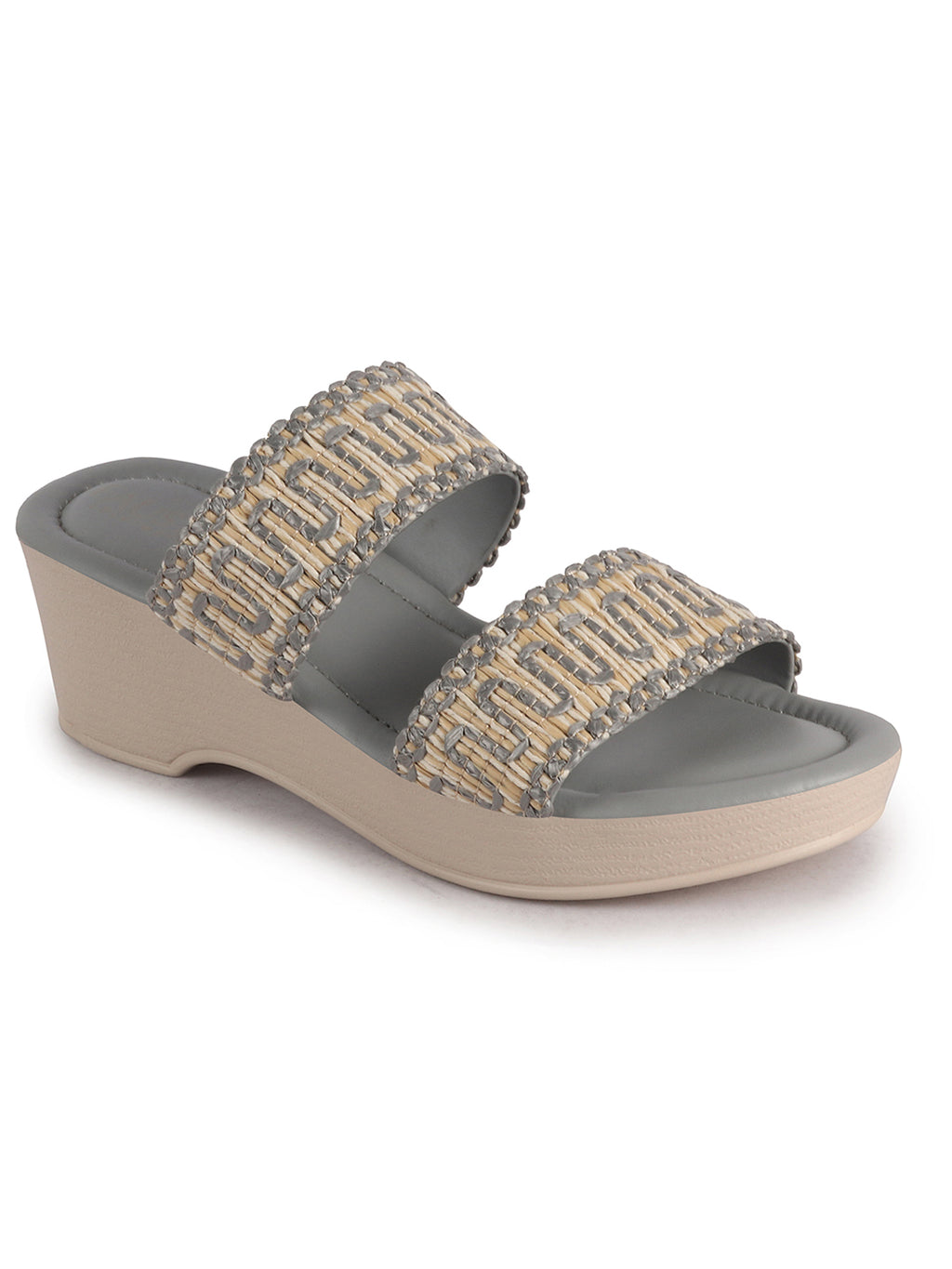 Women Grey Open Toe Dual Strap Embroidery Ethnic Slip On Sandals|Comfort Heel Wedges Slippers for Party, Wedding Outfit