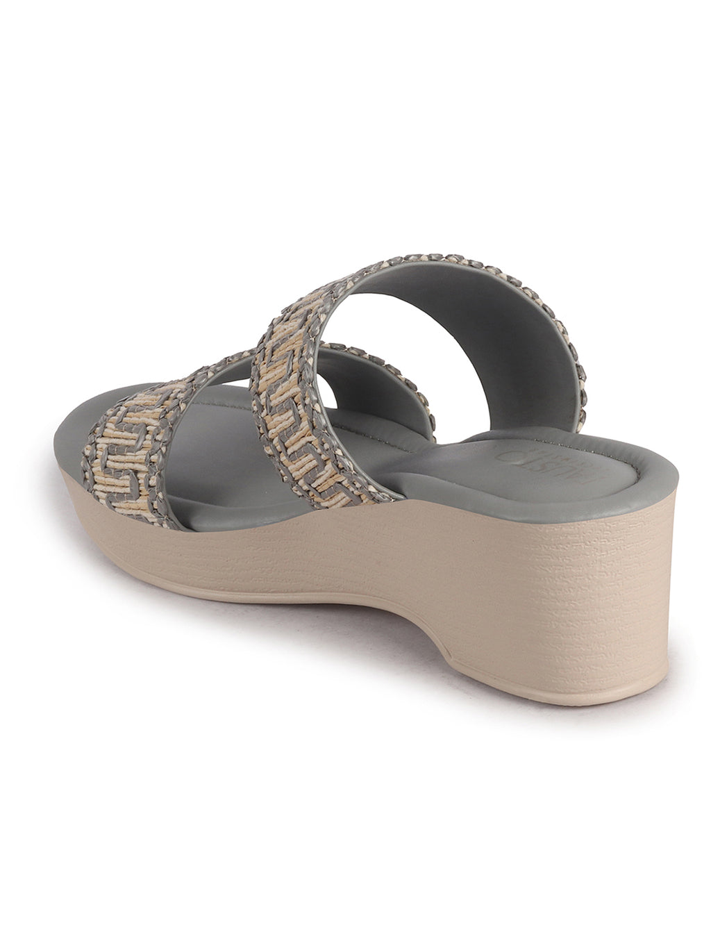 Women Grey Open Toe Dual Strap Embroidery Ethnic Slip On Sandals|Comfort Heel Wedges Slippers for Party, Wedding Outfit