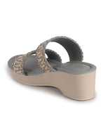 Women Grey Open Toe Dual Strap Embroidery Ethnic Slip On Sandals|Comfort Heel Wedges Slippers for Party, Wedding Outfit