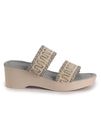 Women Grey Open Toe Dual Strap Embroidery Ethnic Slip On Sandals|Comfort Heel Wedges Slippers for Party, Wedding Outfit