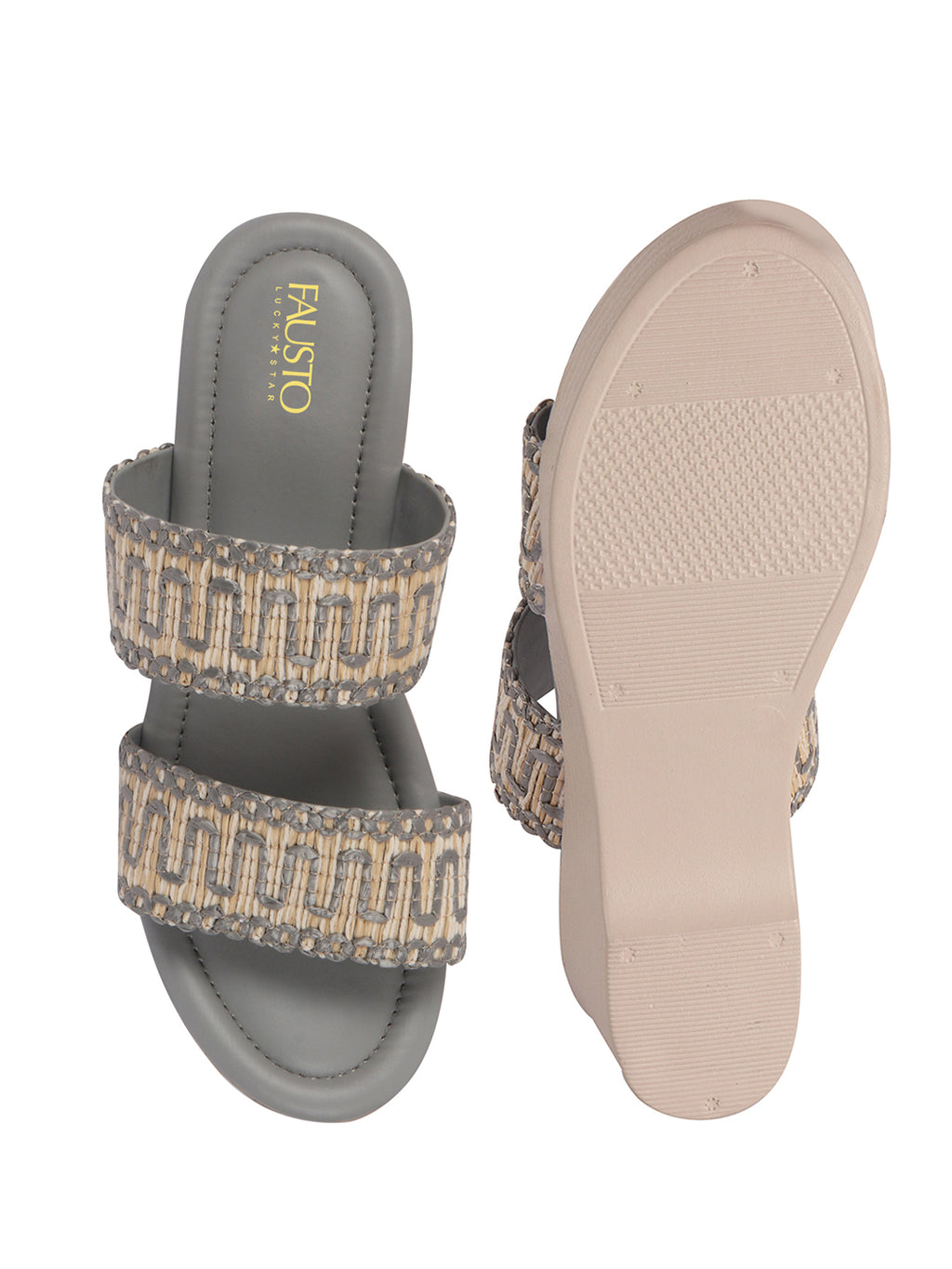 Women Grey Open Toe Dual Strap Embroidery Ethnic Slip On Sandals|Comfort Heel Wedges Slippers for Party, Wedding Outfit