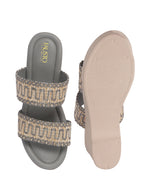 Women Grey Open Toe Dual Strap Embroidery Ethnic Slip On Sandals|Comfort Heel Wedges Slippers for Party, Wedding Outfit