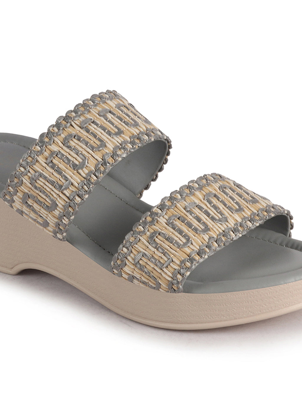 Women Grey Open Toe Dual Strap Embroidery Ethnic Slip On Sandals|Comfort Heel Wedges Slippers for Party, Wedding Outfit