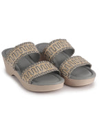 Women Grey Open Toe Dual Strap Embroidery Ethnic Slip On Sandals|Comfort Heel Wedges Slippers for Party, Wedding Outfit