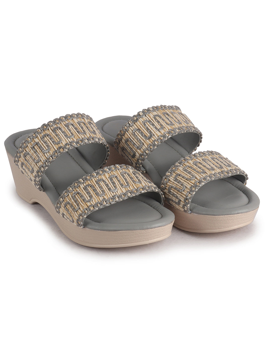 Women Grey Open Toe Dual Strap Embroidery Ethnic Slip On Sandals|Comfort Heel Wedges Slippers for Party, Wedding Outfit