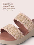 Women Pink Open Toe Dual Strap Embroidery Ethnic Slip On Sandals|Comfort Heel Wedges Slippers for Party, Wedding Outfit