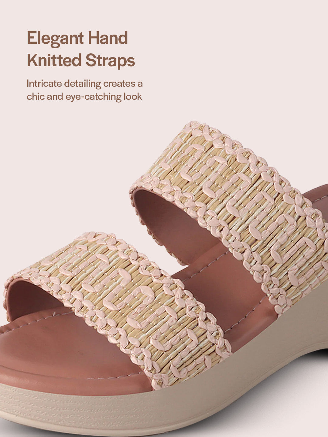 Women Pink Open Toe Dual Strap Embroidery Ethnic Slip On Sandals|Comfort Heel Wedges Slippers for Party, Wedding Outfit
