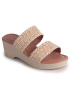 Women Pink Open Toe Dual Strap Embroidery Ethnic Slip On Sandals|Comfort Heel Wedges Slippers for Party, Wedding Outfit