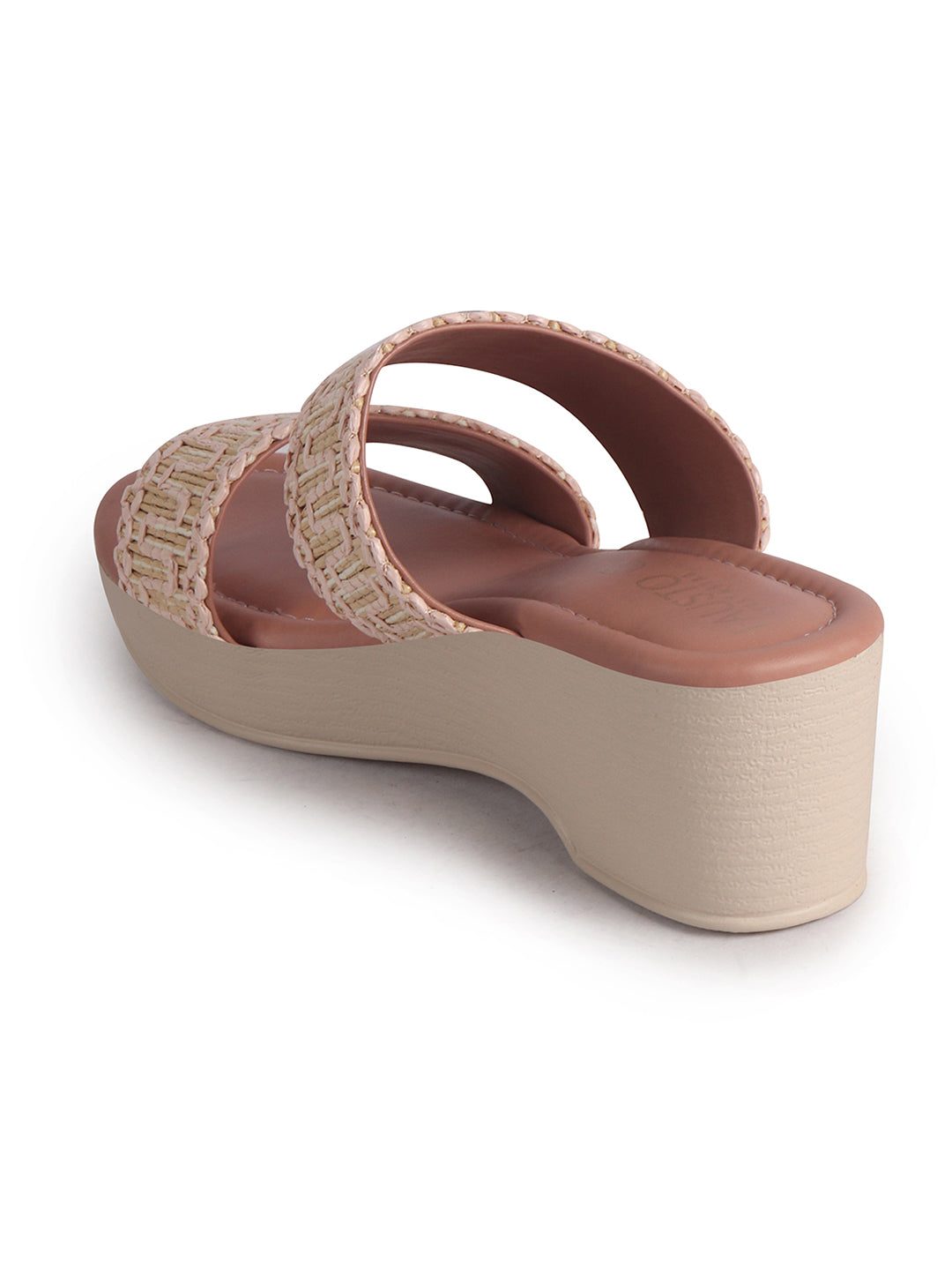 Women Pink Open Toe Dual Strap Embroidery Ethnic Slip On Sandals|Comfort Heel Wedges Slippers for Party, Wedding Outfit