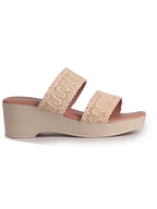Women Pink Open Toe Dual Strap Embroidery Ethnic Slip On Sandals|Comfort Heel Wedges Slippers for Party, Wedding Outfit