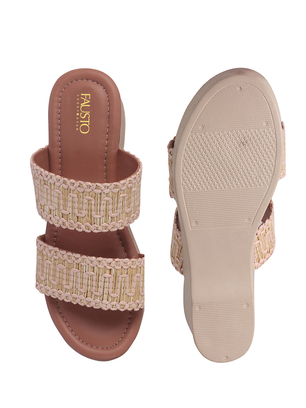 Women Pink Open Toe Dual Strap Embroidery Ethnic Slip On Sandals|Comfort Heel Wedges Slippers for Party, Wedding Outfit