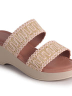 Women Pink Open Toe Dual Strap Embroidery Ethnic Slip On Sandals|Comfort Heel Wedges Slippers for Party, Wedding Outfit