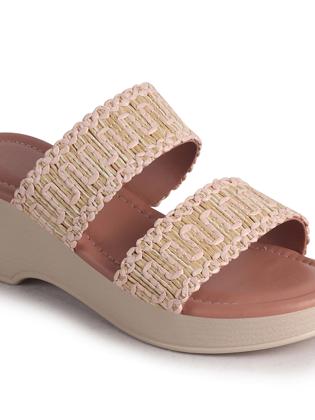 Women Pink Open Toe Dual Strap Embroidery Ethnic Slip On Sandals|Comfort Heel Wedges Slippers for Party, Wedding Outfit