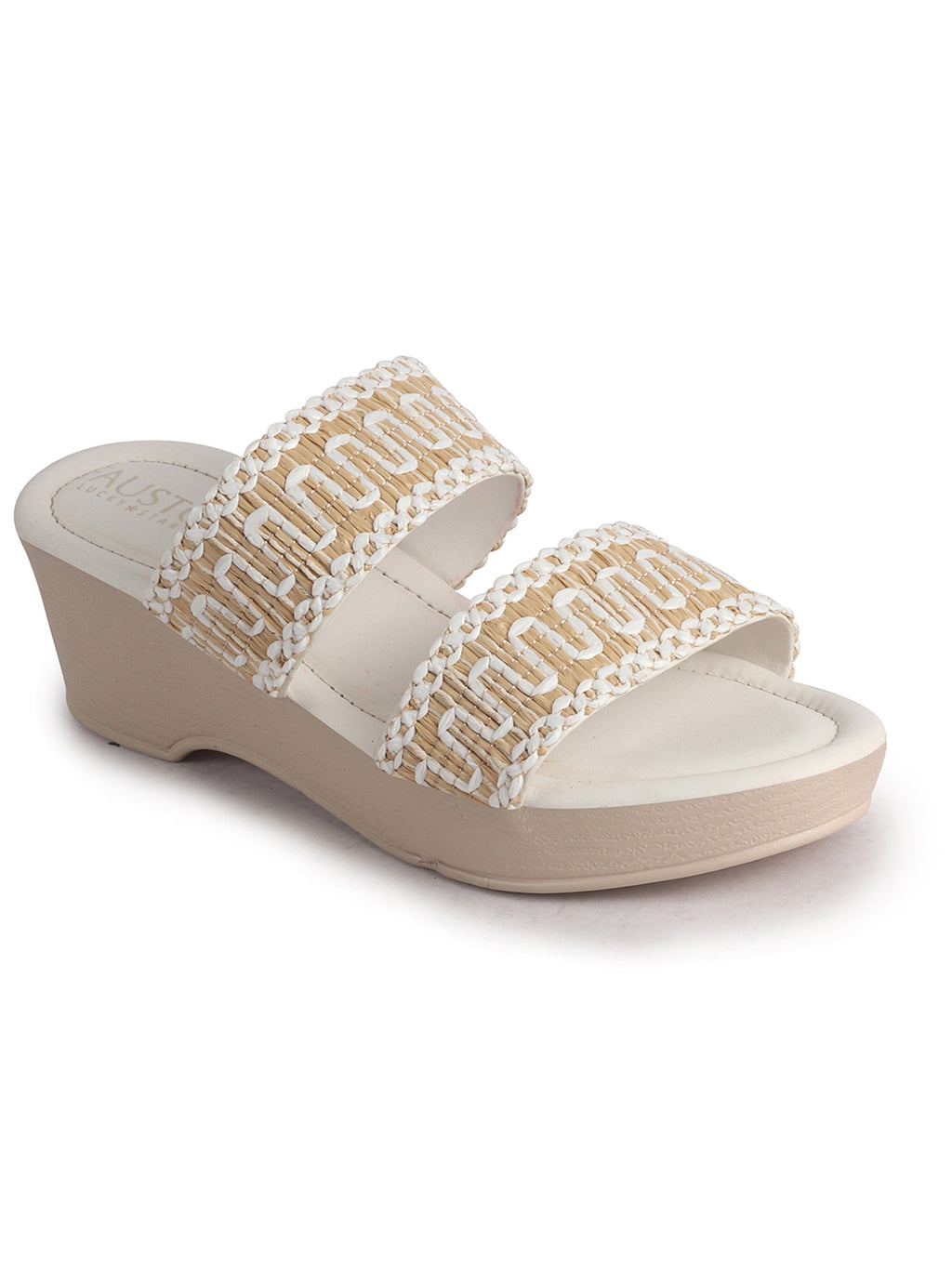 Women White Open Toe Dual Strap Embroidery Ethnic Slip On Sandals|Comfort Heel Wedges Slippers for Party, Wedding Outfit