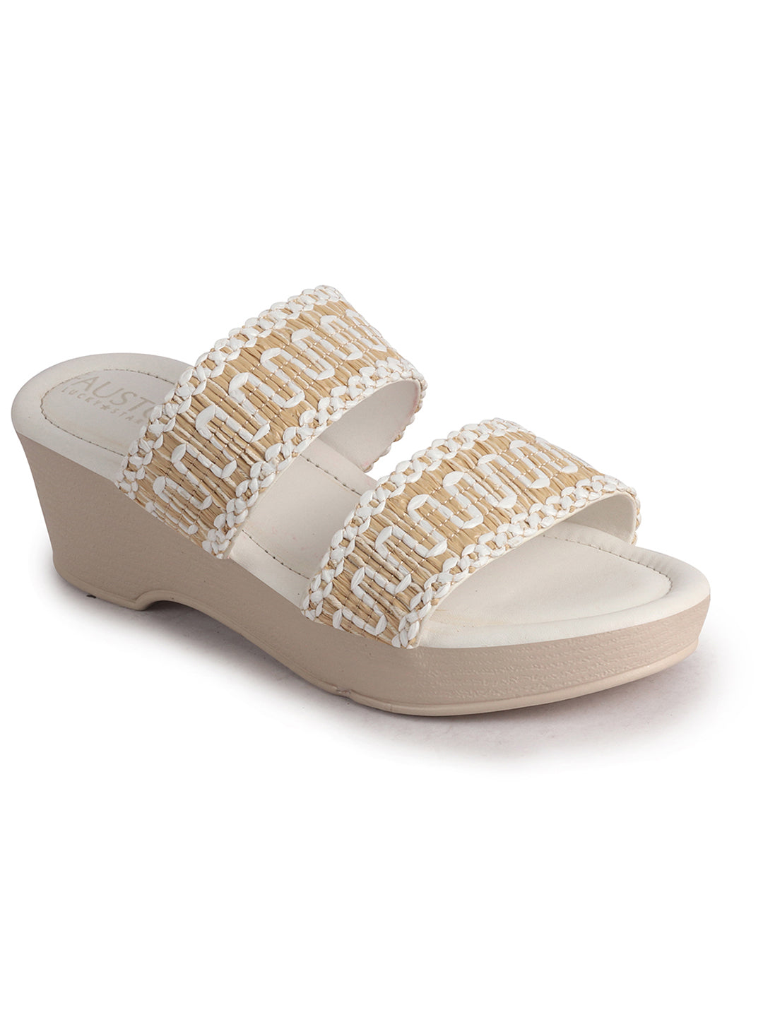 Women White Open Toe Dual Strap Embroidery Ethnic Slip On Sandals|Comfort Heel Wedges Slippers for Party, Wedding Outfit