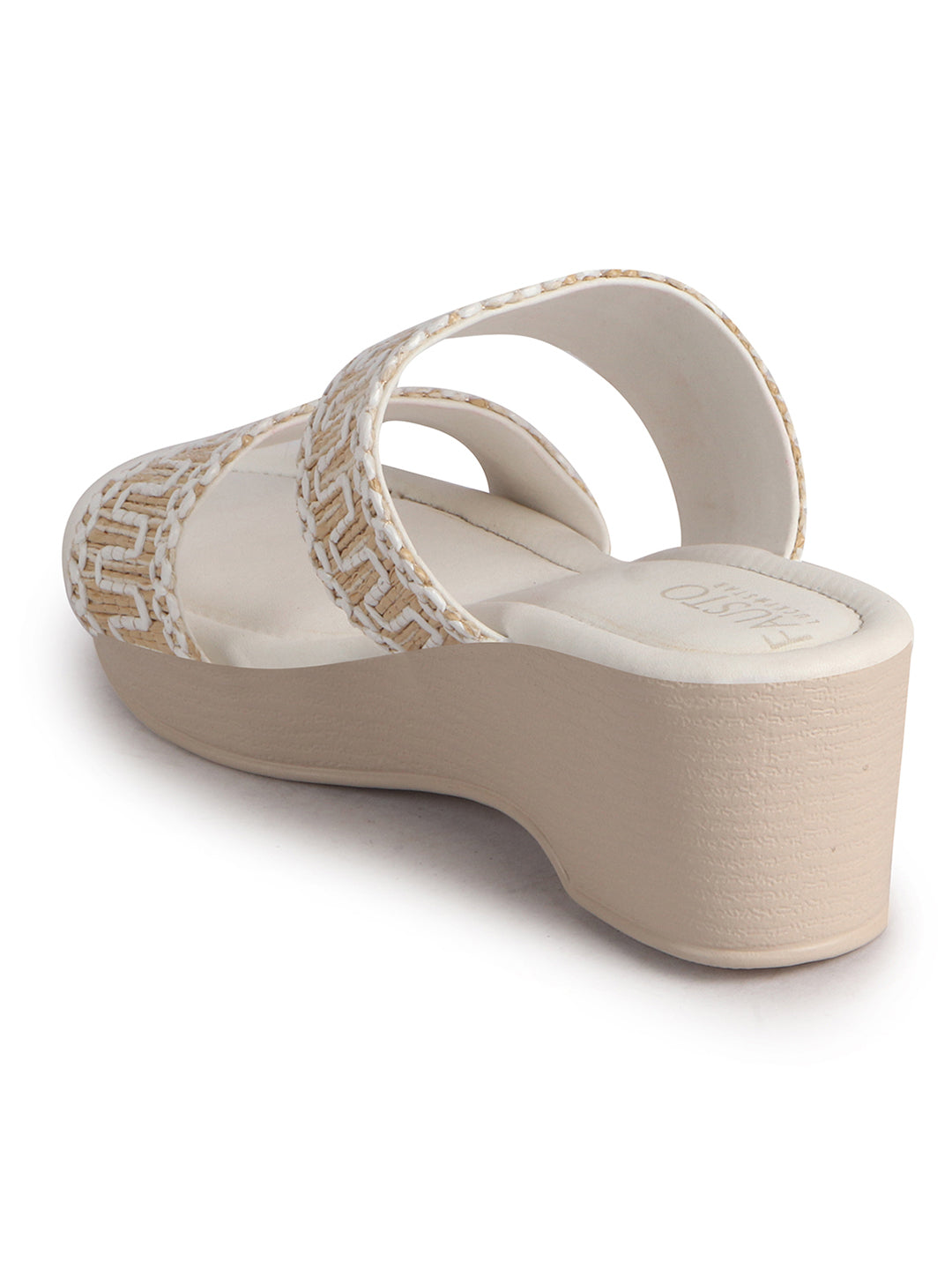 Women White Open Toe Dual Strap Embroidery Ethnic Slip On Sandals|Comfort Heel Wedges Slippers for Party, Wedding Outfit
