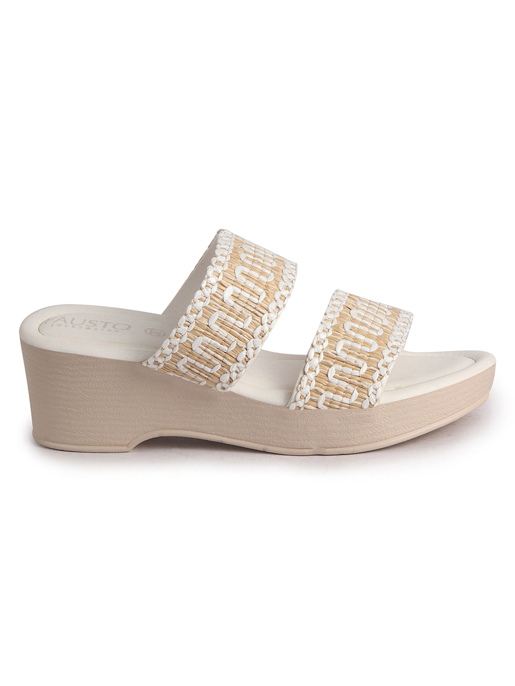 Women White Open Toe Dual Strap Embroidery Ethnic Slip On Sandals|Comfort Heel Wedges Slippers for Party, Wedding Outfit