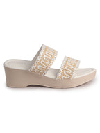 Women White Open Toe Dual Strap Embroidery Ethnic Slip On Sandals|Comfort Heel Wedges Slippers for Party, Wedding Outfit