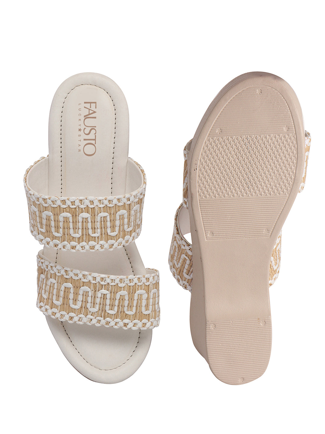 Women White Open Toe Dual Strap Embroidery Ethnic Slip On Sandals|Comfort Heel Wedges Slippers for Party, Wedding Outfit
