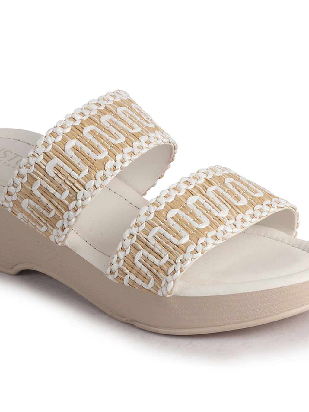 Women White Open Toe Dual Strap Embroidery Ethnic Slip On Sandals|Comfort Heel Wedges Slippers for Party, Wedding Outfit