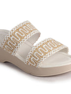 Women White Open Toe Dual Strap Embroidery Ethnic Slip On Sandals|Comfort Heel Wedges Slippers for Party, Wedding Outfit