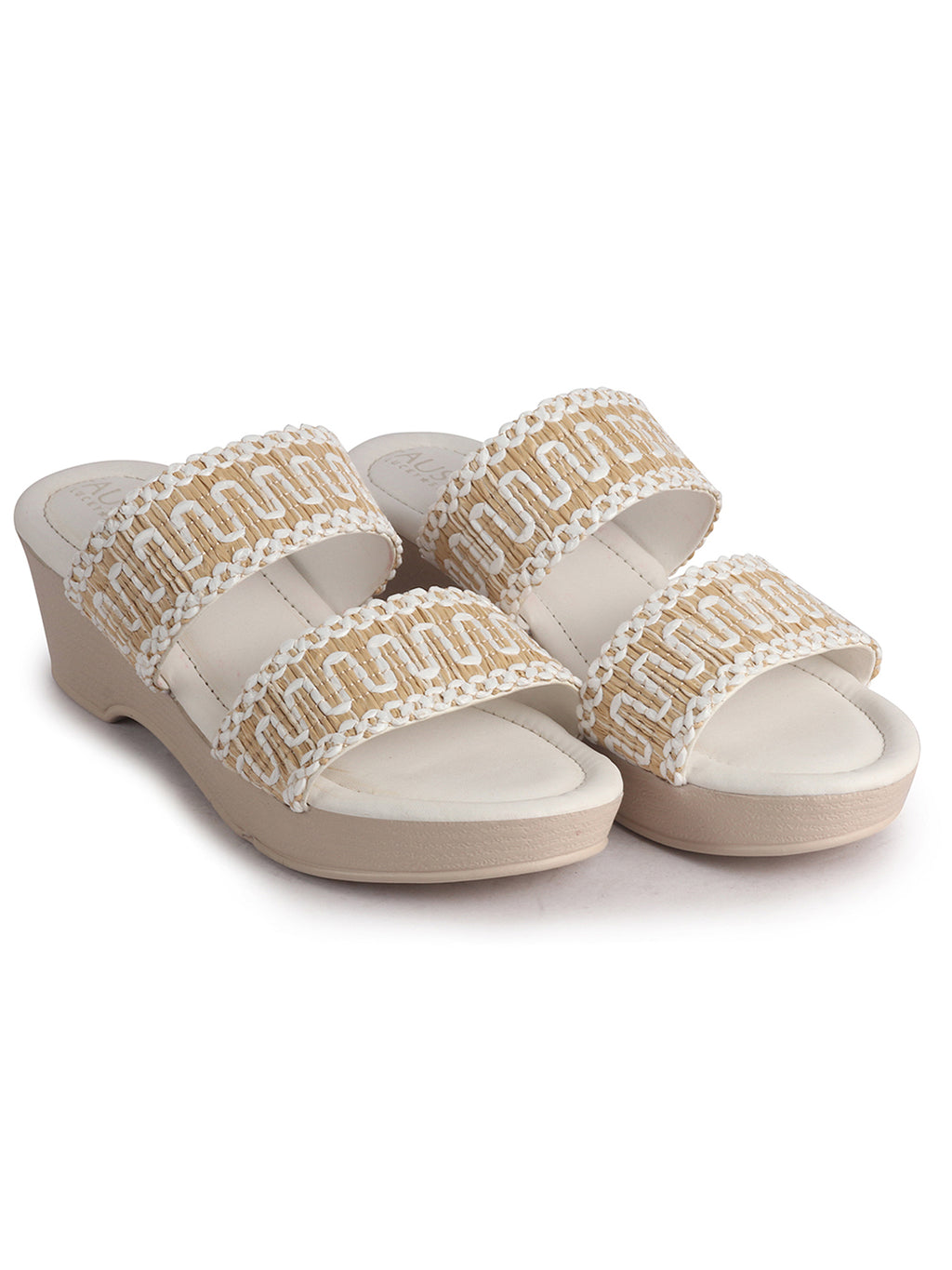 Women White Open Toe Dual Strap Embroidery Ethnic Slip On Sandals|Comfort Heel Wedges Slippers for Party, Wedding Outfit