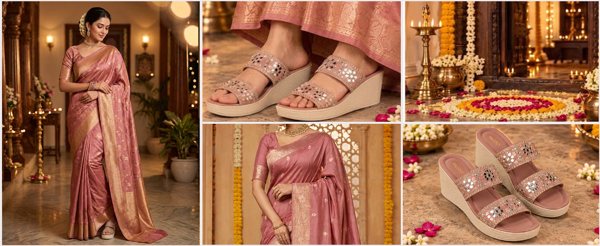 Women Pink Open Toe Dual Strap Mirror Embroidery Wedding Slip On Sandals|Ethnic Wedges Heel Slippers with Durable Grip Sole