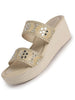 Women Beige Open Toe Dual Strap Mirror Embroidery Wedding Slip On Sandals|Ethnic Wedges Heel Slippers with Durable Grip Sole