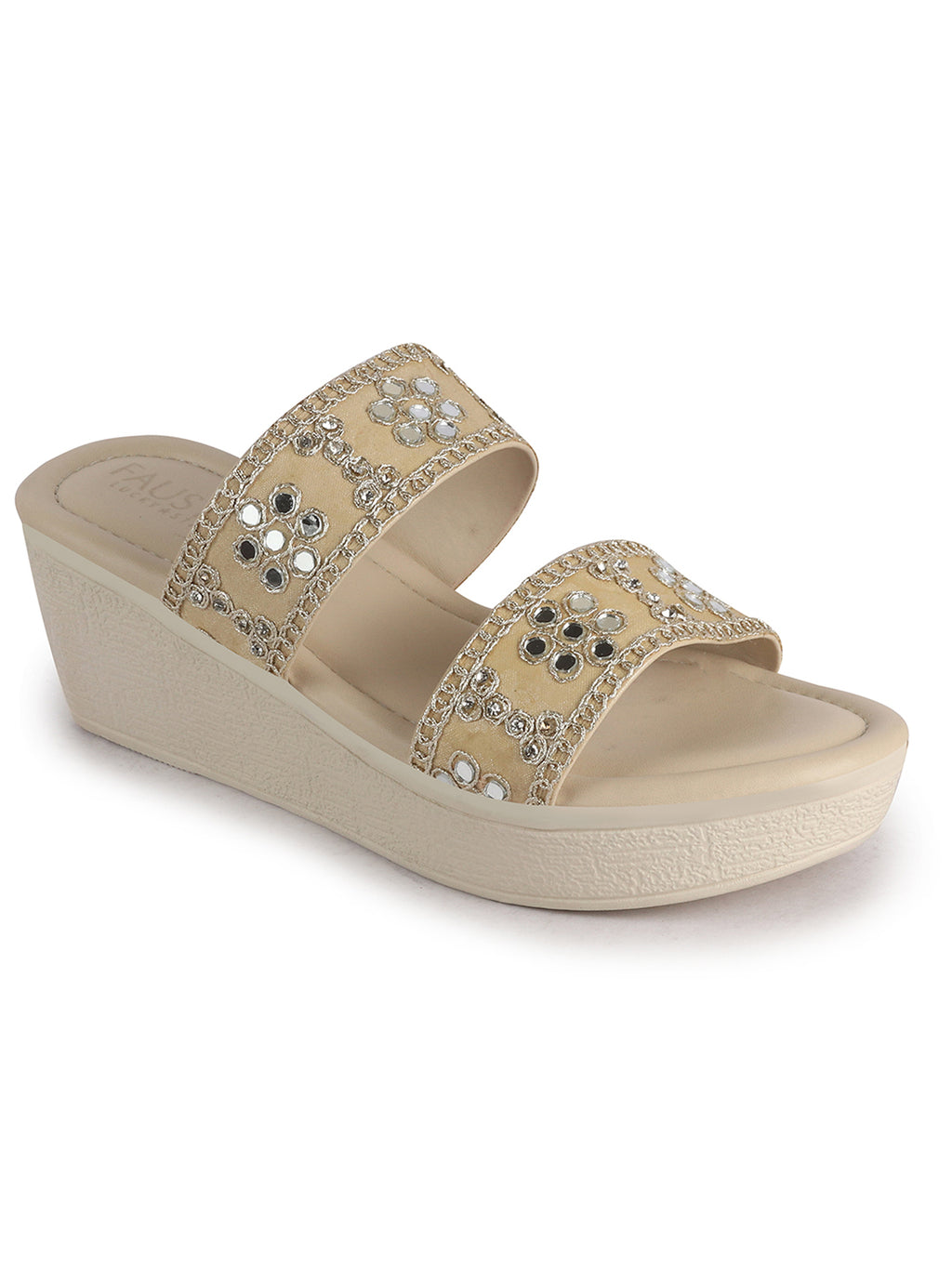 Women Beige Open Toe Dual Strap Mirror Embroidery Wedding Slip On Sandals|Ethnic Wedges Heel Slippers with Durable Grip Sole