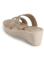 Women Beige Open Toe Dual Strap Mirror Embroidery Wedding Slip On Sandals|Ethnic Wedges Heel Slippers with Durable Grip Sole