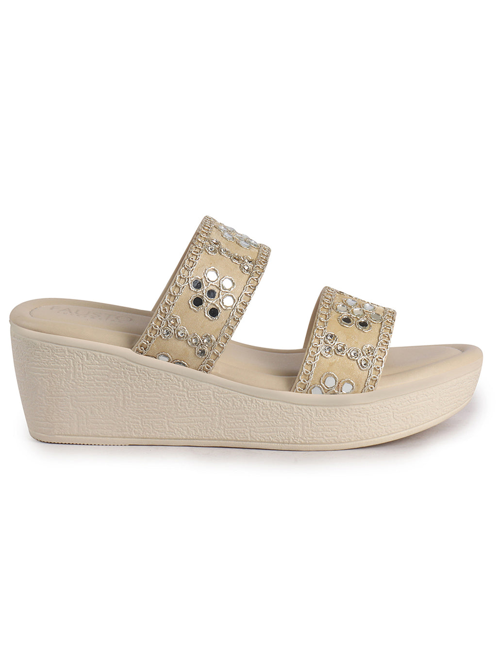 Women Beige Open Toe Dual Strap Mirror Embroidery Wedding Slip On Sandals|Ethnic Wedges Heel Slippers with Durable Grip Sole