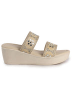 Women Beige Open Toe Dual Strap Mirror Embroidery Wedding Slip On Sandals|Ethnic Wedges Heel Slippers with Durable Grip Sole