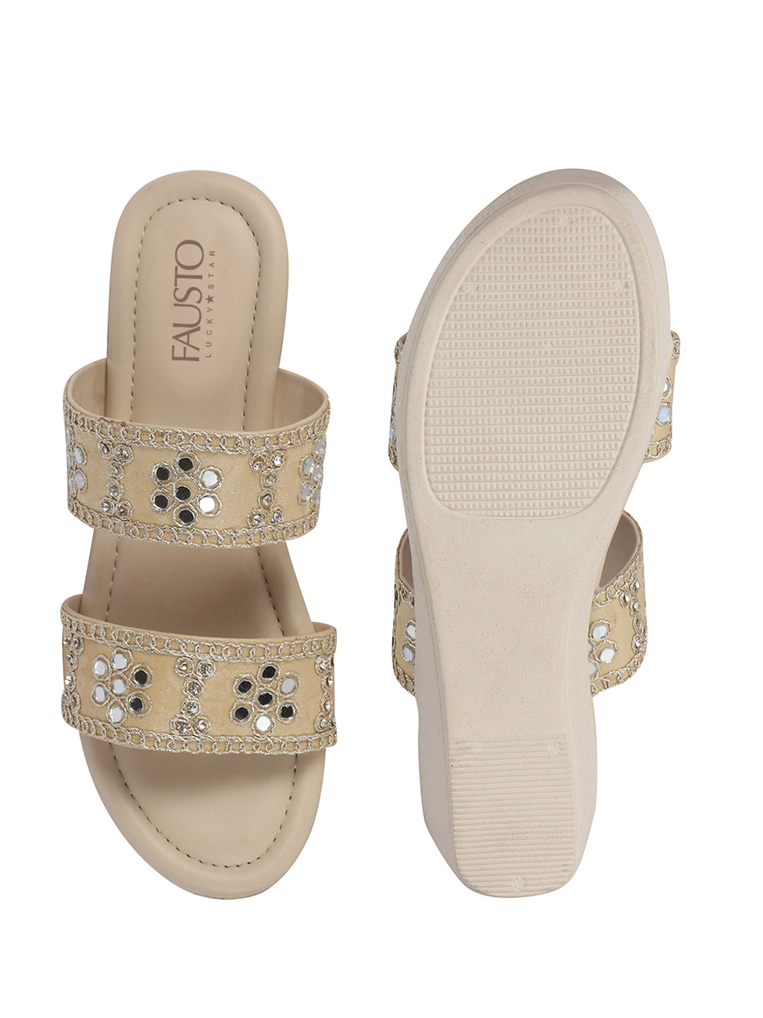Women Beige Open Toe Dual Strap Mirror Embroidery Wedding Slip On Sandals|Ethnic Wedges Heel Slippers with Durable Grip Sole