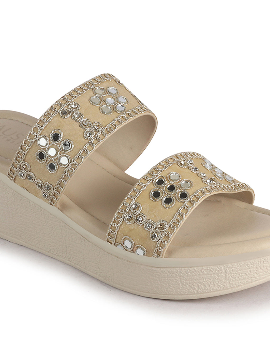 Women Beige Open Toe Dual Strap Mirror Embroidery Wedding Slip On Sandals|Ethnic Wedges Heel Slippers with Durable Grip Sole